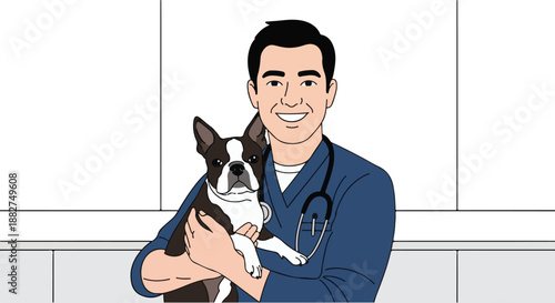 Friendly male veterinarian smiling and gently holding an adorable Boston Terrier dog, symbolizing compassionate pet care, animal health, and dedicated veterinary services