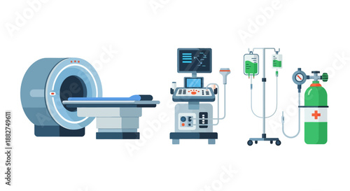 Vector illustration of medical equipment including a MRI machine, hospital bed, IV pole, and oxygen tank for healthcare in a clinical setting.