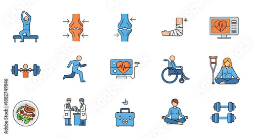 Vector medical icons depicting people, healthcare professionals, and health-related activities in a graphic illustration set.