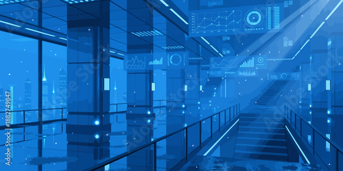 Blue Cityscape View from Modern Office Building with Glowing Lights and Reflections