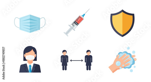 Vector illustrations of medical icons including a face mask, syringe, shield, doctor, people with social distancing and a hand with disinfectant on a white background, related to healthcare
