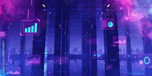 Futuristic Cityscape with Neon Lights and Data Visualization Graphics