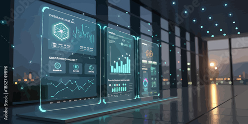 Futuristic Digital Dashboard with Glowing Blue Graphs and Charts on Transparent Screens