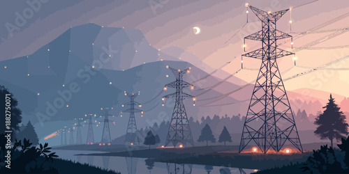 Electric Power Transmission Towers at Dusk with Mountains and Moonlit Sky
