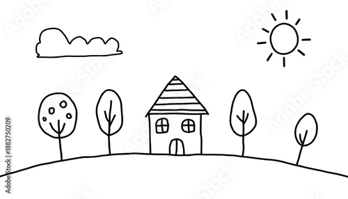 Simple kids drawing house and garden, black line doodle.