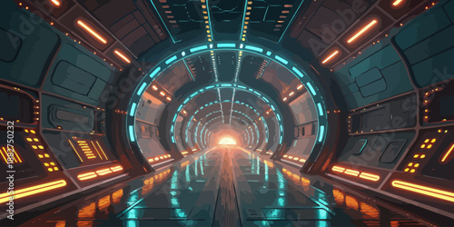 Futuristic Space Station Interior with Glowing Blue and Orange Lights in a Long Corridor