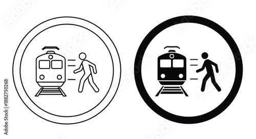 Two simple icons depicting a person rushing past a train in both black and white line art styles on a clean white background.