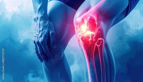 Wallpaper Mural Semi-transparent leg with glowing red-pink knee joint showing internal bones and hand on knee. Torontodigital.ca