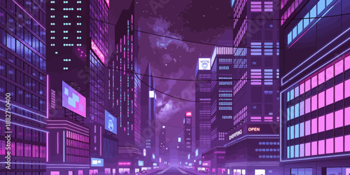 Vibrant Cityscape at Night with Neon Lights and Billboards