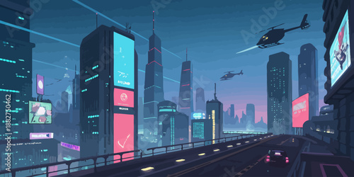 Futuristic Cityscape at Dusk with Towering Skyscrapers and Neon Lights