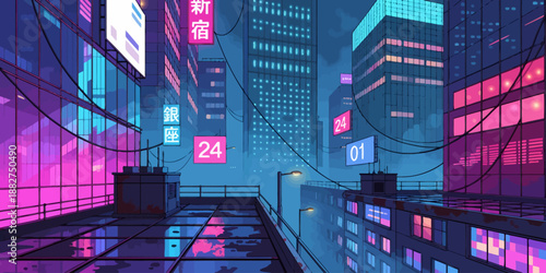 Vibrant Cityscape at Dusk, Neon Lights Reflecting on Wet Pavement, Urban Landscape with Japanese Characters