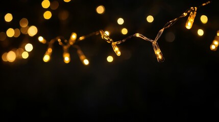 String of glowing warm yellow fairy lights hanging against a black background with subtle sparkles for decoration during a festive event or celebration at night