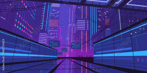 Colorful Futuristic Cityscape with Neon Lights and Digital Displays