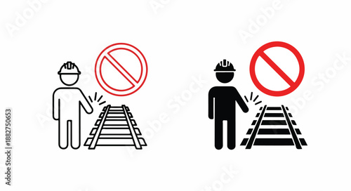 Graphic illustration of two workers with warning signs on railroad tracks against a white background.