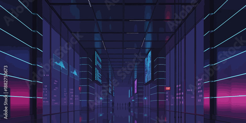 Futuristic Server Room with Glowing Blue Lines and Purple Hues, High-Tech Data Center Illustration