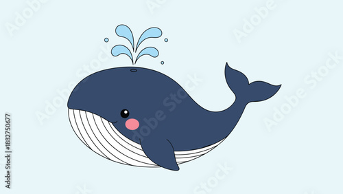 Cute blue whale cartoon character spouting water from its blowhole against a soft light blue background area.