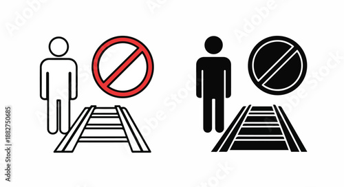 Graphic illustration of two human figures standing next to railroad tracks with prohibition signs on a white background.