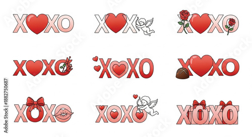 XOXO Love Typography Set with Hearts Roses Cupid Chocolate and Valentine Icons Isolated