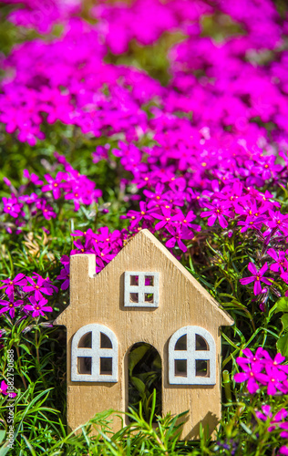 The symbol of the house stands among the purple flower