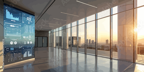 Modern Office Space with Large Digital Screen and Stunning City View