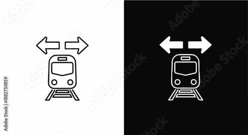Graphic illustration of train icons with arrows on white and black backgrounds.