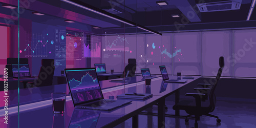 Modern Office Space with Futuristic Data Visualization Screens and Laptops in Purple and Pink Hue