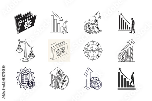Financial Symbol Illustrations: A set of detailed graphic elements symbolizing key financial concepts. These minimalist illustrations, provide a clear.