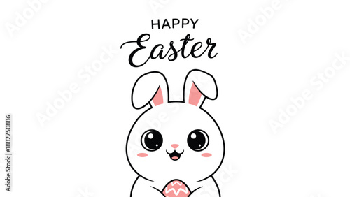 Cheerful white bunny holding a decorated pink egg celebrates the happy easter spring holiday with a friendly smile and bright eyes.