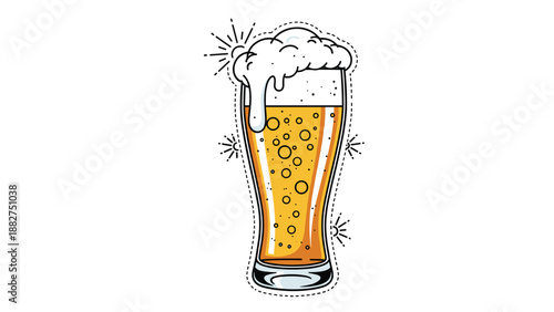 Tall glass of cold beer with a thick white foam head and bubbly texture is surrounded by sparkling light rays on a white background.