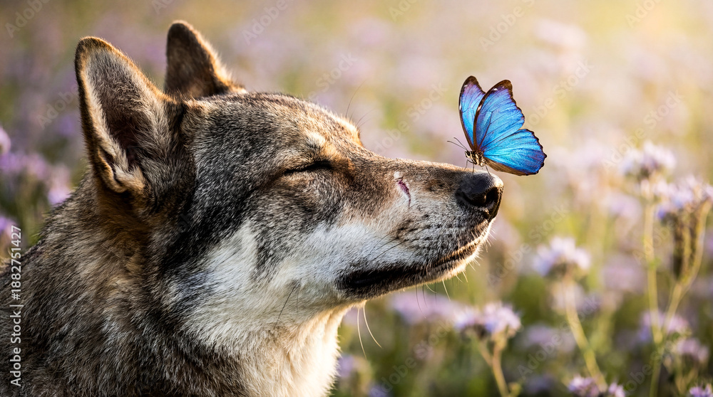 Naklejka premium Close up side profile of a wolf dog with a blue butterfly sitting gently on its nose in a flower field. 