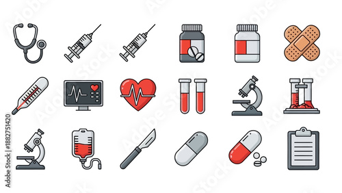 Medical icons collection featuring healthcare symbols, medical tools, and health-related elements displayed in a grid layout on a plain background viewed from directly above