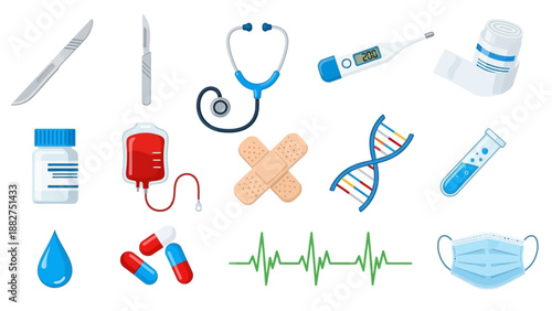 Medical equipment and supplies arranged on a clean surface, viewed from directly above, featuring a stethoscope, thermometer, and various health-related items.