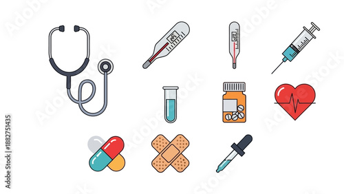 Medical supplies and equipment illustration showcasing healthcare essentials from a top-down viewpoint