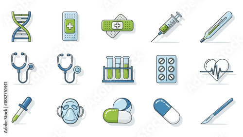 Medical Icons Collection Featuring Healthcare Symbols and Medication Illustrations in a Grid Layout