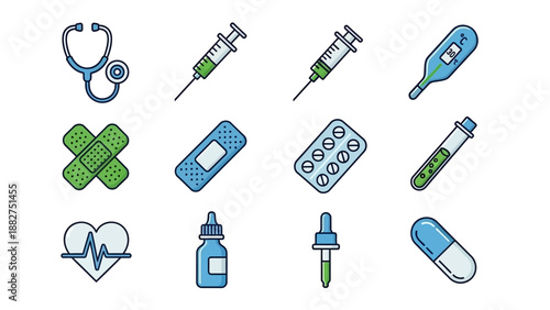 Medical icons collection featuring stethoscope, syringe, thermometer, and pill, representing healthcare and medicine, viewed from a straightforward perspective