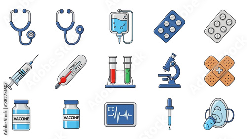 Medical icons collection featuring stethoscope, medicine, syringe, microscope, and pills on a clean background