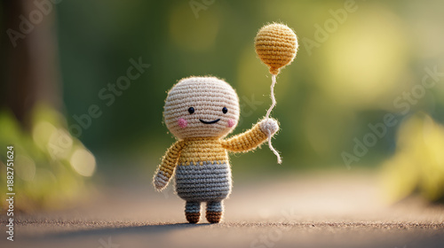 Joyful crochet character holding balloon outdoor setting toy photography nature background close-up perspective whimsical concept