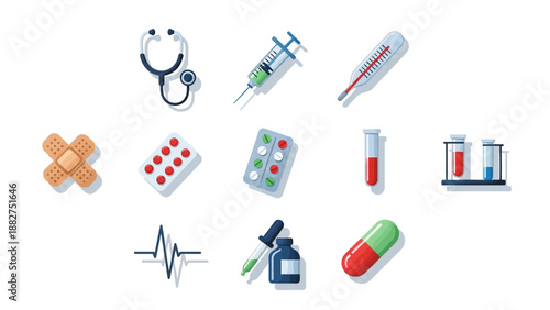 Medical icons collection featuring doctor, syringe, and pills on a clean background from a straightforward viewpoint