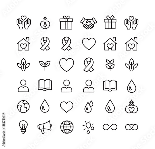 Set of 20 charity and donation line icons. Vector illustration collection includes symbols of helping hand, heart, fundraising, and volunteering. Minimalist black stroke style on white.