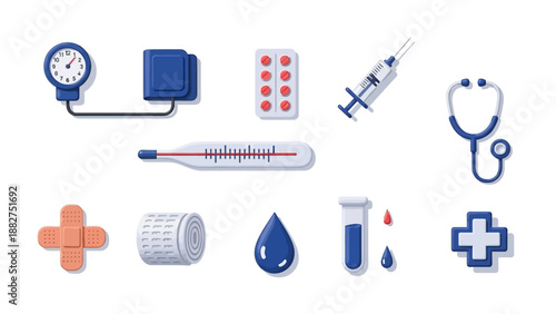 Medical icons collection featuring healthcare symbols and medical equipment on a clean background viewed from directly above