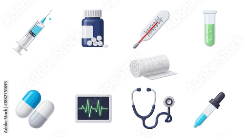 Medical supplies and equipment arranged neatly on a white background viewed from directly above