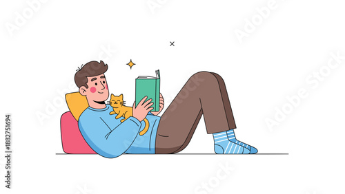 Relaxed man lies on a pillow reading a green book while a small orange cat rests on his chest in a cozy and peaceful home environment.