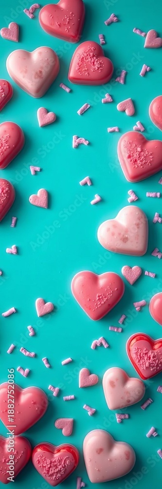 Fototapeta premium Heart-shaped treats in pink and purple hues scattered on a teal backdrop, festive, celebration