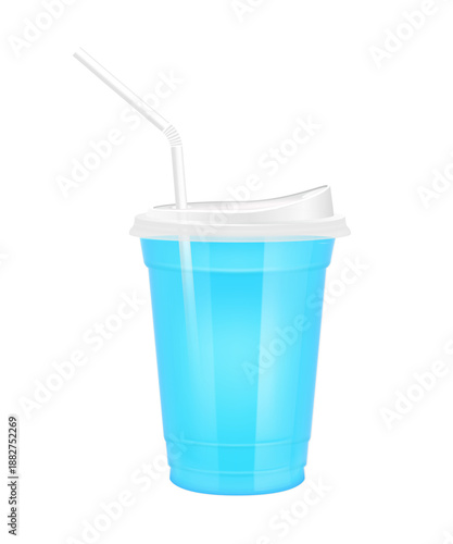 Mockup fruit juice in plastic cup transparent. Glass with sip lid and straw tube. Blue water for design drink menu cafe or restaurants. Collection packaging drink 3D Realistic PNG.