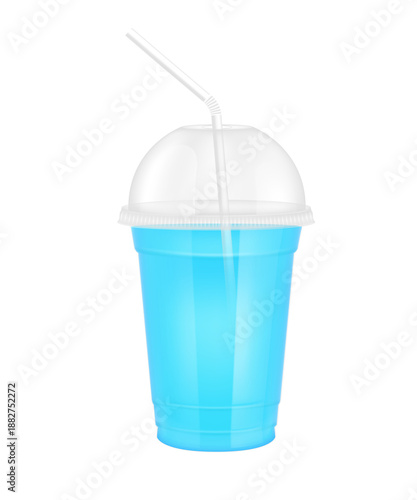 Mockup fruit juice in plastic cup transparent. Glass with dome lid and straw tube. Blue water for design drink menu cafe or restaurants. Collection packaging drink 3D Realistic PNG.