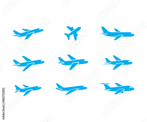 Set of Blue Airplanes Icons for Travel, Aviation and UI Design