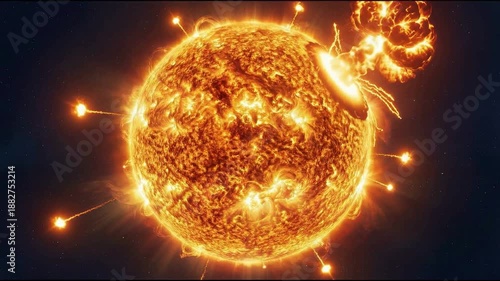 A fiery solar explosion of burning orange plasma glows like a hot star or planet, casting intense heat and light from a burning ball of flames against a black space background