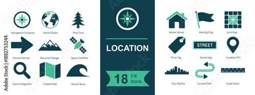 Location icon set. Containing map, compass, pin, tag, street sign, route, direction arrow, globe, grid, home, flag, search, satellite, mountains and more. Solid vector icons collection