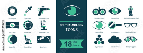Ophthalmology icon set. Containing eye, retina, iris, laser, drops, microscope, slit lamp, lenses, glasses, binoculars, vision test, diagnosis, clinic and more. Solid vector icons collection