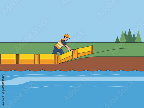 A construction worker deploys a flood barrier along a riverbank. The image showcases a practical flood defense solution with a clear, focused composition.